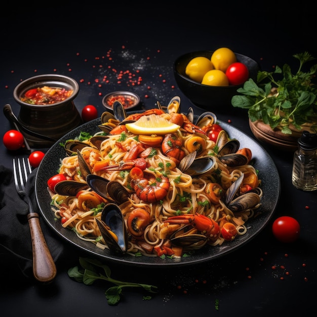 Black Plate of pasta with Seafood on the dark wooden table background Flat lay