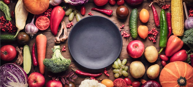 Black plate on the table with fruits and vegetables fresh\
autumn harvest on a rustic wooden background top view assortment of\
vegetables for healthy food panoramic photo copy space concept