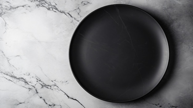 Черная тарелка на белом каменном столе Пустая тарелка сверху