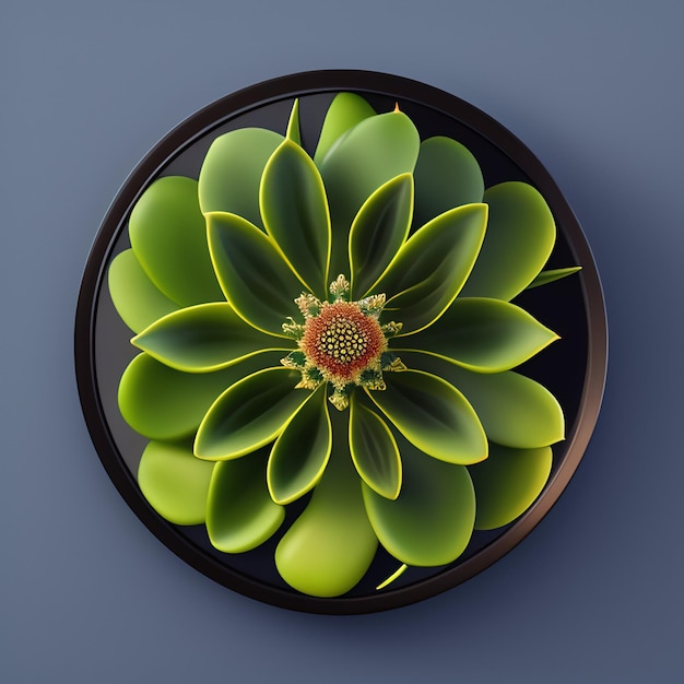 A black plate with a green flower on it