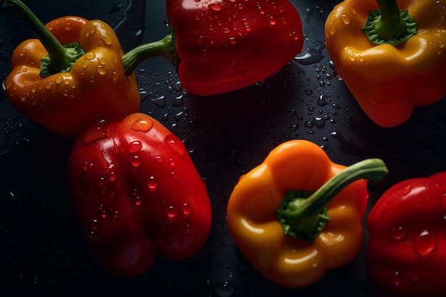 A black plate with red and yellow bell peppers on it