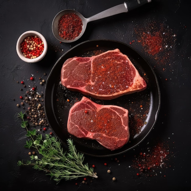 A black plate with two steaks on it and a cup of spices on the table.