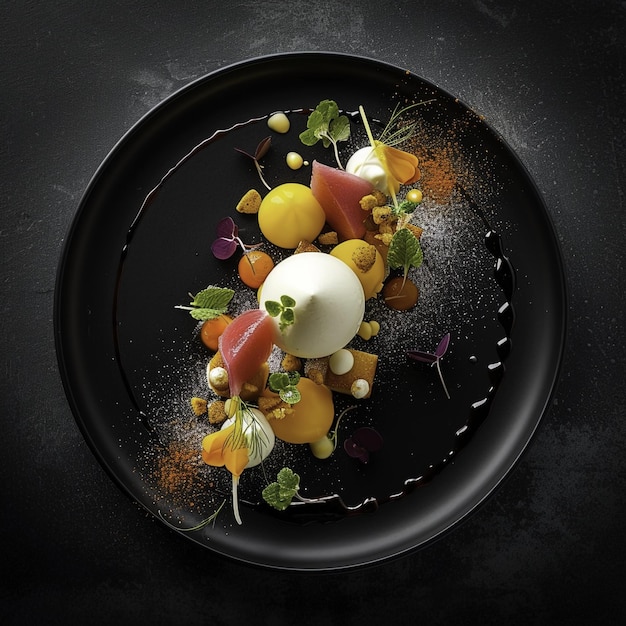 a black plate with a variety of fruits and vegetables on it