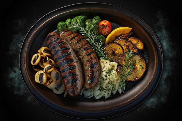 a black platter with grilled Bavarian sausage