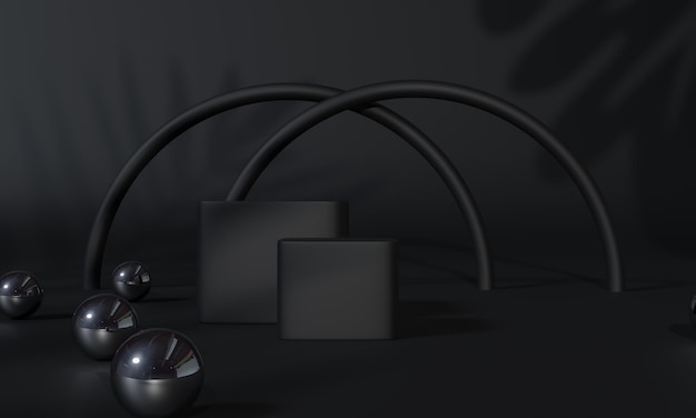 사진 빈 배경 3d 렌더링이 있는 광고 디스플레이의 검은색 연단 및 검정색 배경 스탠드 또는 연단 받침대