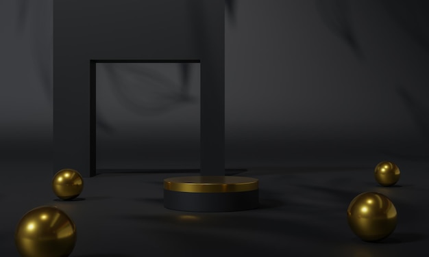 Black podium and black background stand or podium advertising display light emission 3D rendering