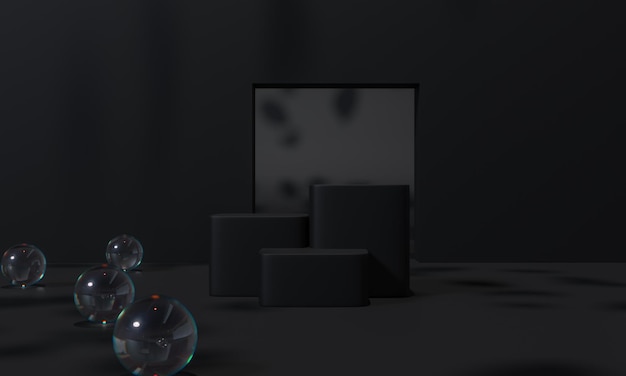 black podium and black background stand or podium pedestal on advertising display with blank backdrops 3d rendering