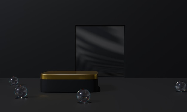 Black podium and black background stand or podium pedestal on advertising display with blank backdrops 3D rendering