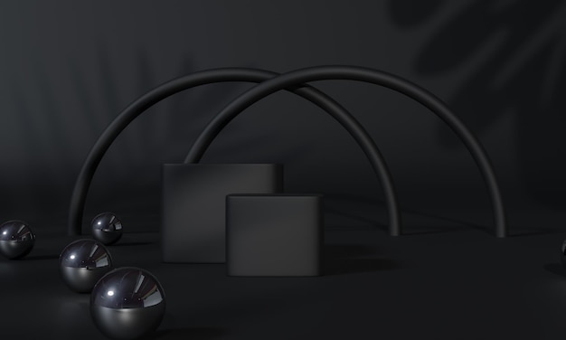 black podium and black background stand or podium pedestal on advertising display with blank backdrops 3d rendering
