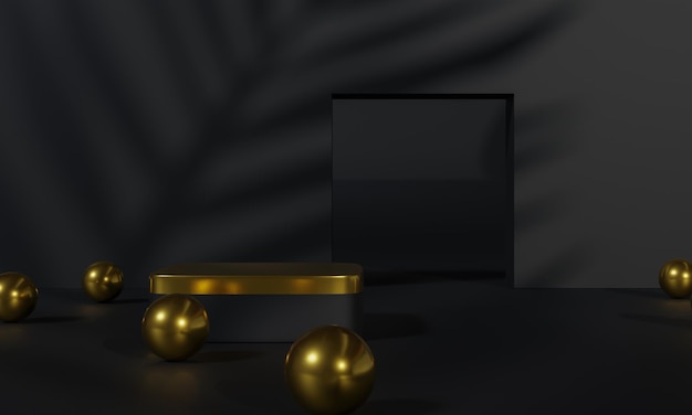 Black podium and black background stand or podium pedestal on advertising display with blank backdrops 3D rendering