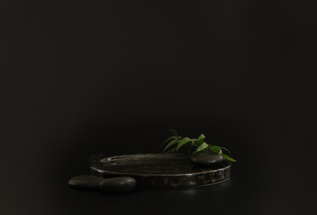 Black podium on the black background with tropical leaves and spa rocks Podium for productcosmetic