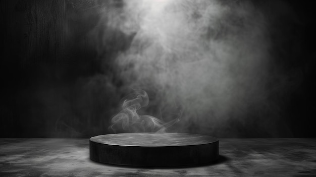 Black podium black smoke product platform background abstract stage surface fog spotlight