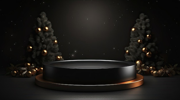 Black podium for Christmas display on black background