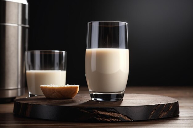 Foto podio nero vicino girato in legno nero studio backg con bicchiere di latte