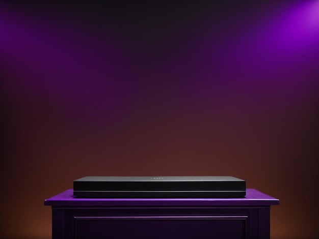 Black podium close shot purple backg studio