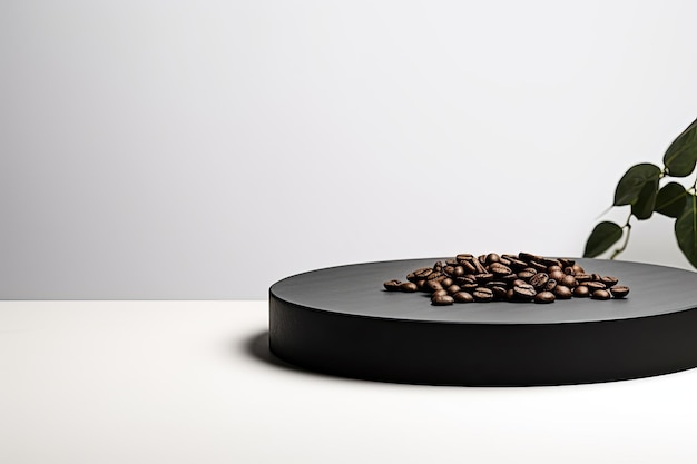 Foto podio nero vicino scatto studio backg bianco con chicchi di caffè