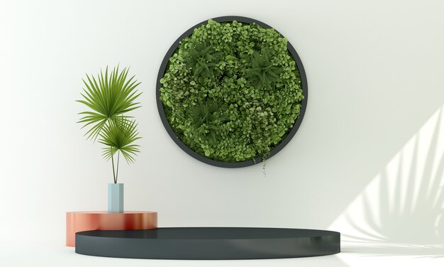 ぼやけた影の緑の植物と白い壁の背景3dと黒の表彰台化粧品ディスプレイスタンド