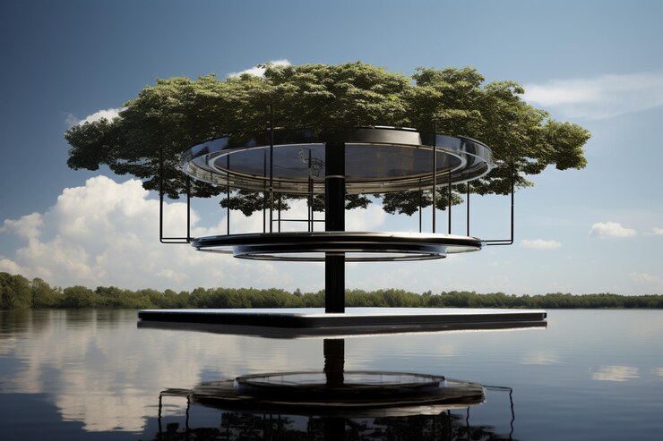 Photo a black podium on a floating island