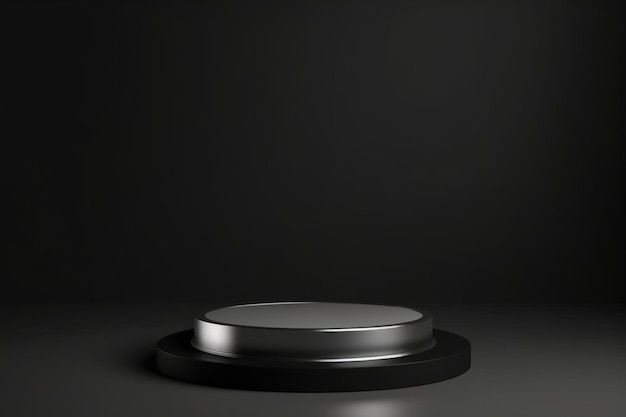 Photo black podium or pedestal display on dark background with cylinder stand and silver ring concept