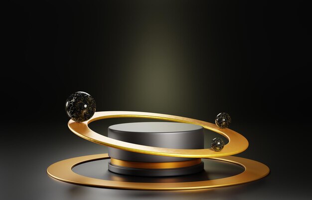 사진 황금 금속 반지 위에 균형을 이루는 대리석 돌 구름이 있는 검은 포디움 제품 디스플레이 3d 렌더링 럭셔리 빈 기하학 무대 기단 패션 프레젠테이션 스탠드 어두운 배경 3d 일러스트레이션