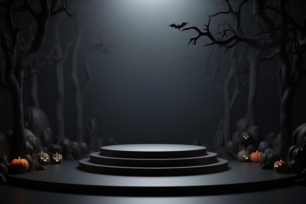 Black podium shelf or empty pedestal display with pumpkins spiders bats on dark Halloween background Blank stand for showing product Happy halloween banner mockup 3D rendering