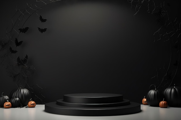 Black podium shelf or empty pedestal display with pumpkins spiders bats on dark Halloween background Blank stand for showing product Happy halloween banner mockup 3D rendering