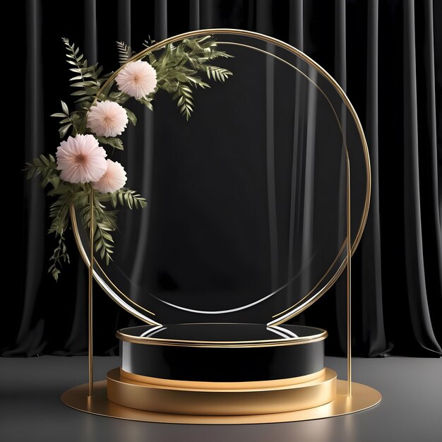 Black podium stage display mockup for cosmetics display glass with natural flower curtain backdrop