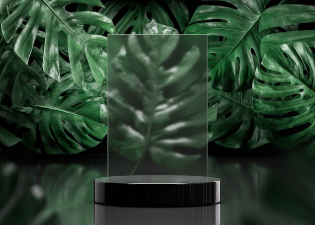 Black podium stage stand on tropical trees background for product placement 3d render