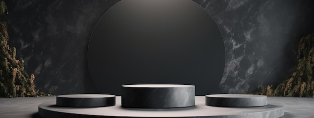 black podium stone background rock product display 3d dark stand platform abstract stage scene