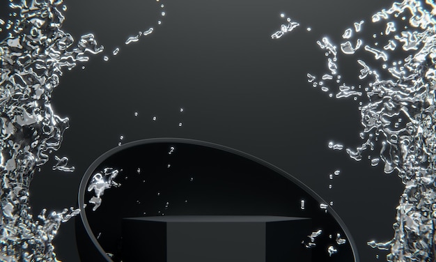 Black podium and water splashing on white background3D rendering