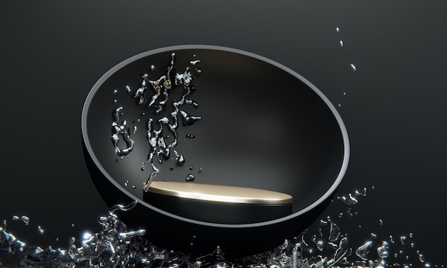 Black podium and water splashing on white background3D rendering