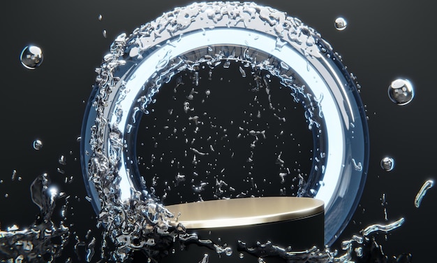 Black podium and water splashing on white background3D rendering