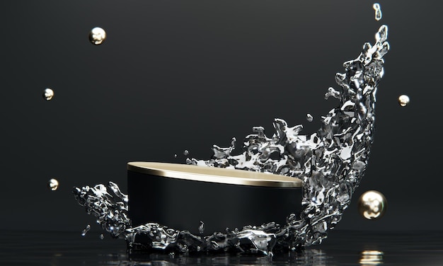 Черный подиум и брызги воды на белом фоне3D рендеринг