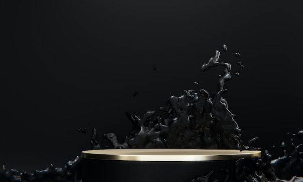 Black podium and water splashing on white background3D rendering