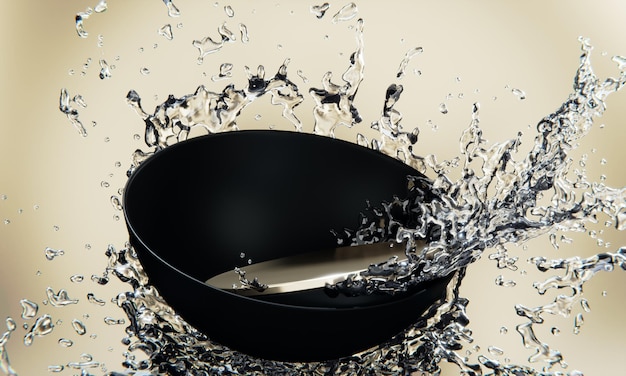 Photo black podium and water splashing on white background3d rendering