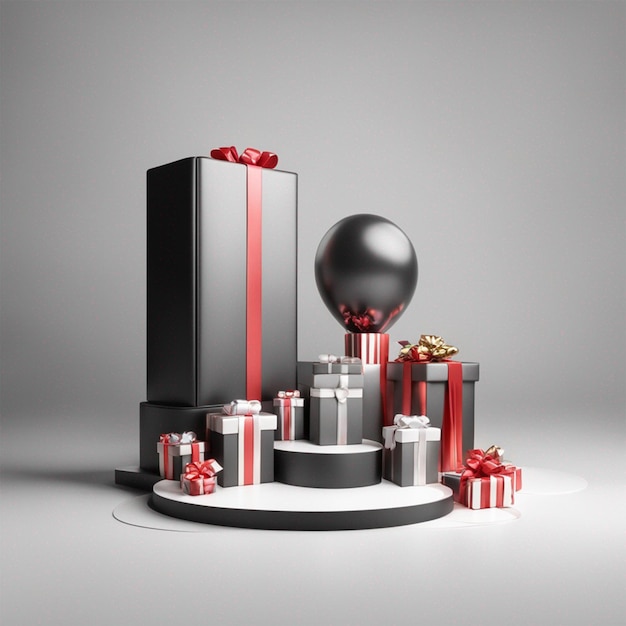 Black podium with 3d gift box and love balloon ai generated