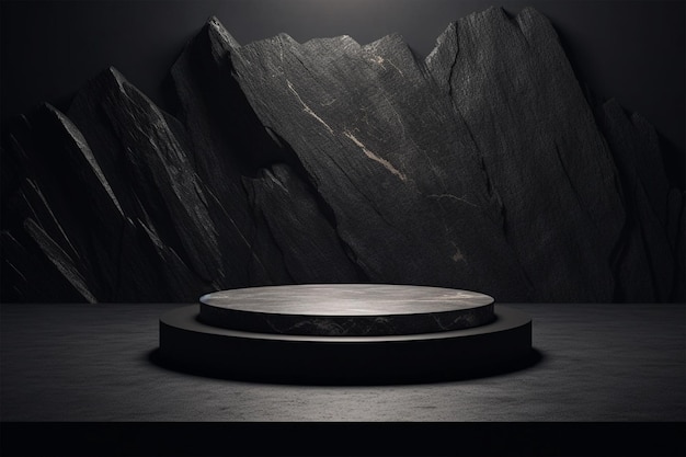 A black podium with a black background