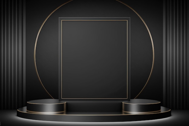 A black podium with a gold frame in the middle.