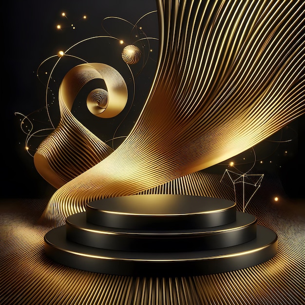 Photo black podium with gold waves and decorative elements 3d illustration