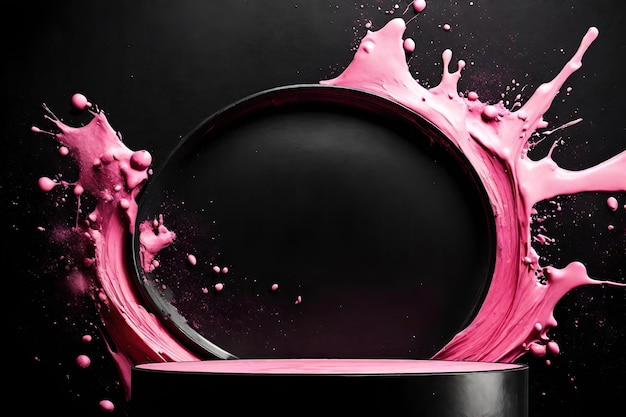 ピンクの塗料のスプラッシュで黒いポディウム