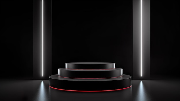 A black podium with a red line around it.