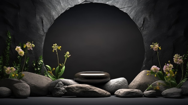 石と植物のある黒い表彰台