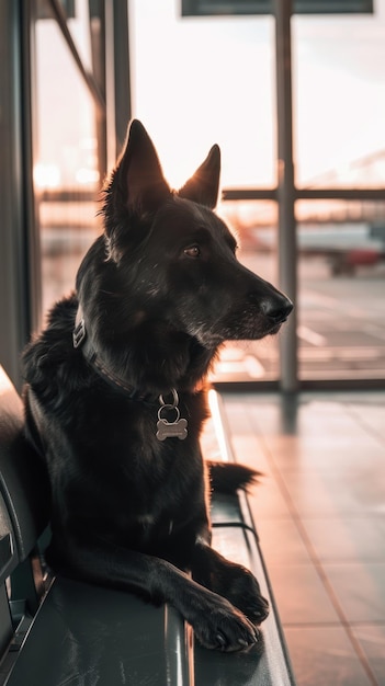 黒い警察犬が静かに外のベンチに座っている