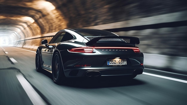 Photo a black porsche 911 is driving through a tunnel