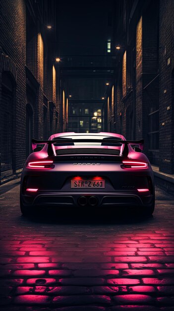 A black Porsche is parked in a dark alleyway