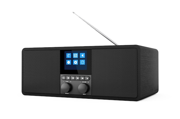 Черный портативный умный беспроводной динамик для музыки Смарт-устройство для онлайн-аудио с радио и беспроводным зарядным устройством для смартфонов на белом фоне 3d-рендеринг