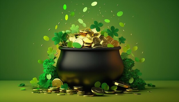 Black Pot of Gold Coins and Shamrock Leaves, Patrick's day, Generative ai