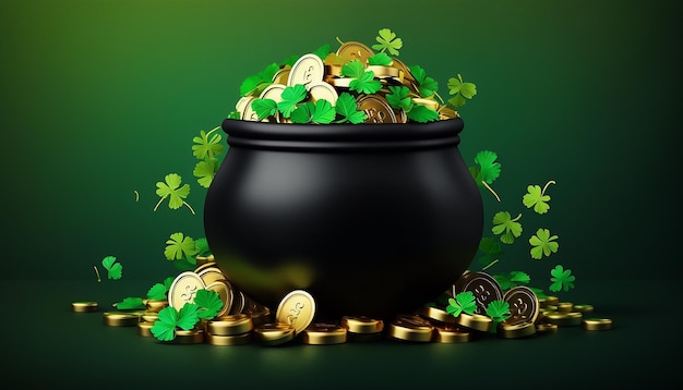 Black Pot of Gold Coins and Shamrock Leaves, Patrick's day, Generative ai