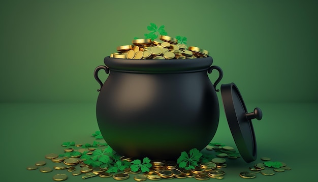 Black Pot of Gold Coins and Shamrock Leaves, Patrick's day, Generative ai