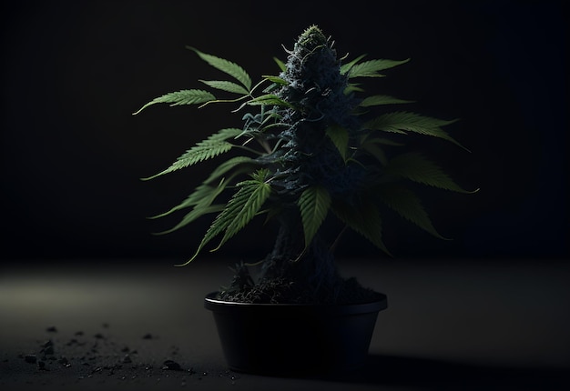 A black potted plant with a black background and a white light in the background.